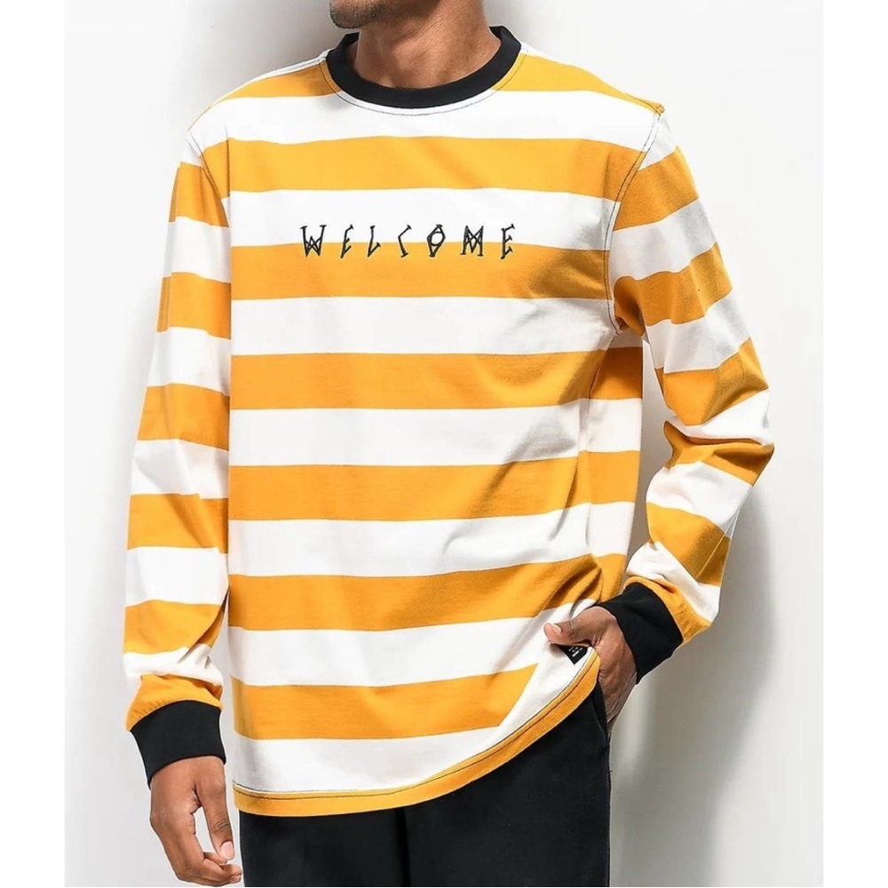 Welcome Thicc Striped Top Long Sleeve T-Shirt White and Gold Knit Cotton Sz M
